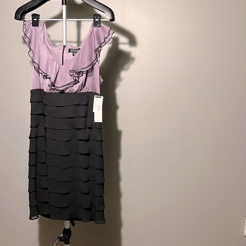 S.L. Fashions Black and Lilac Two Tone Ruffle Dress. Size 14. NWT
